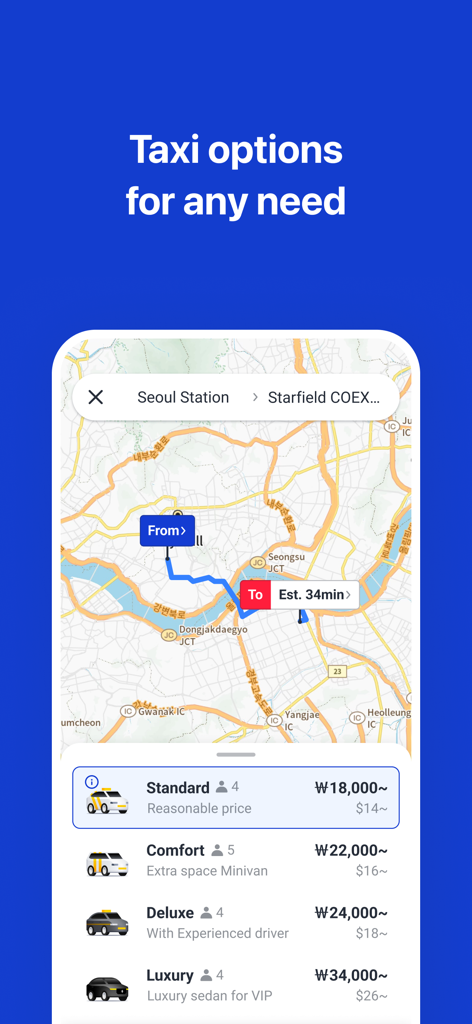 k.ride - taxi, cab, travel - Tela do aplicativo móvel k.ride mostrando uma rota de mapa e várias opções de reserva de táxi, como Standard Comfort e Luxury, com preços