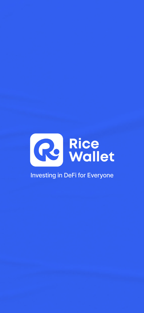 Rice Wallet app splash screen with logo and tagline Investing in DeFi for Everyone