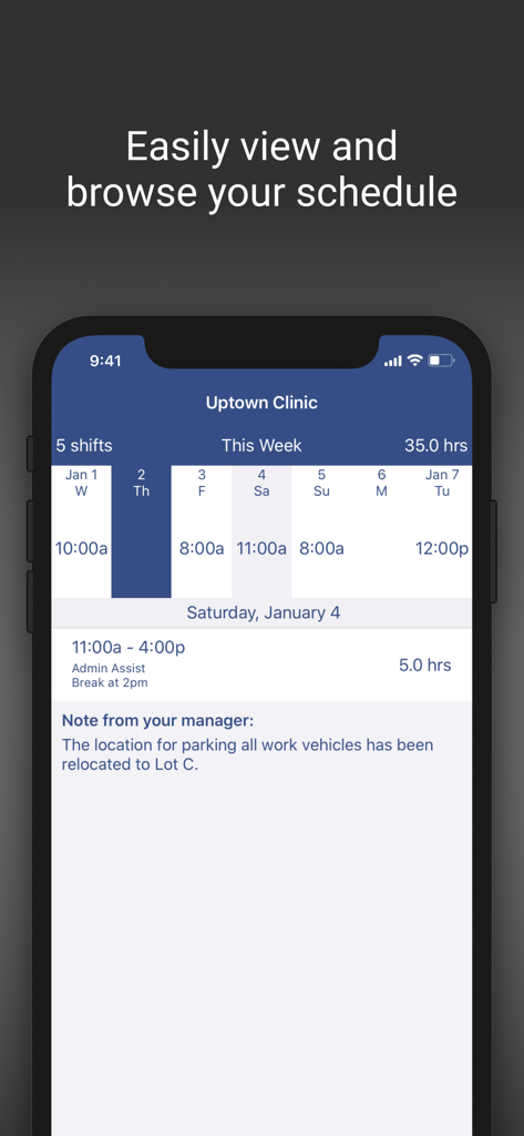 WhenToWork Employee Scheduling - Mobile screen of WhenToWork app showing a weekly shift schedule and manager notes for a clinic employee.