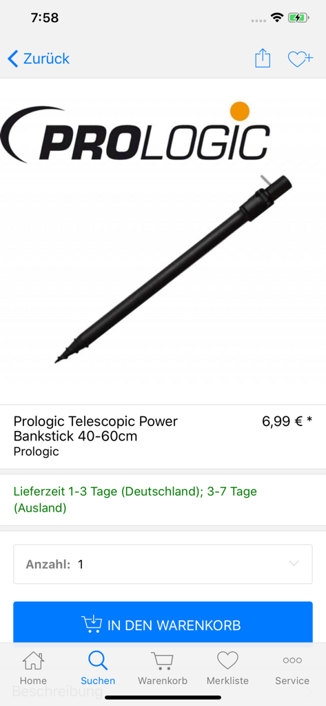 Neptunmaster - Neptunmaster mobile app interface displaying a Prologic telescopic power bankstick for fishing.