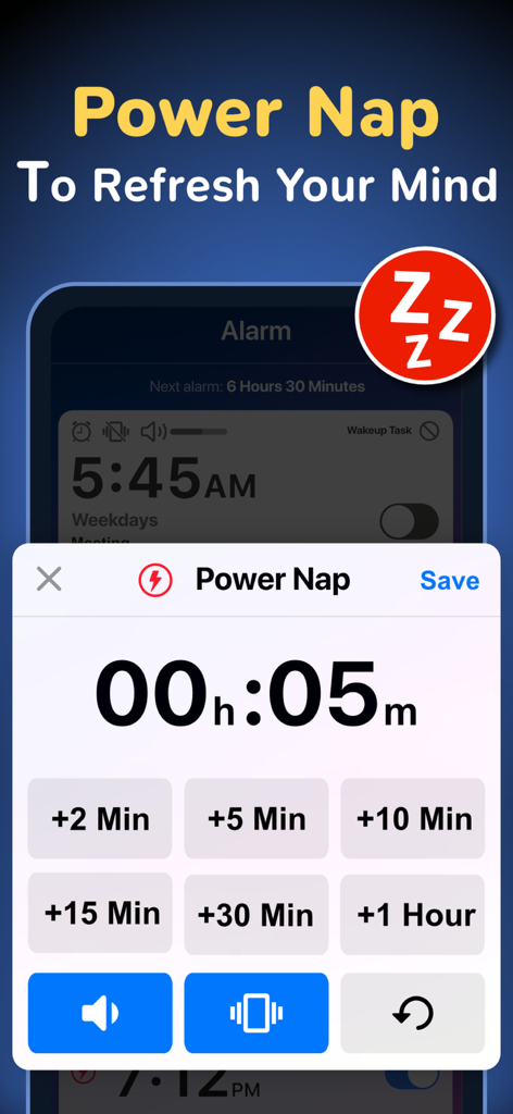 Alarm Clock ◎ - モバイルアプリのインターフェース。クイック時間選択ボタンが表示されたパワーナップタイマー設定が表示されている。