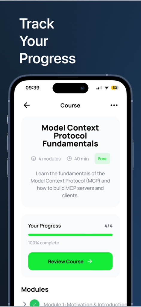 Screenshot der KI in einer Shell-App, der eine 100%ige Fertigstellung des Kurses "Model Context Protocol Fundamentals" mit einer Fortschrittsleiste und einer Überprüfen-Schaltfläche anzeigt