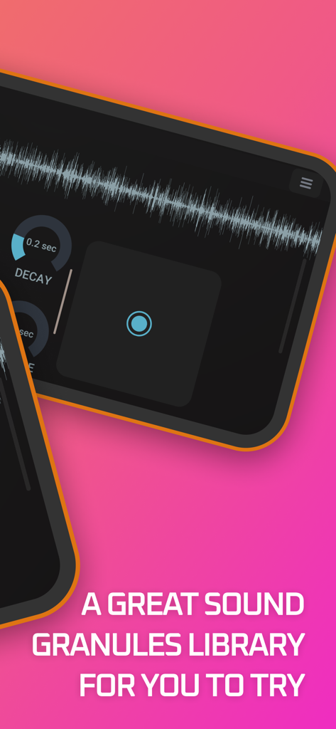 Interfaccia dell'app mobile Sintetizzatore Granulare con forma d'onda sonora e libreria di grani