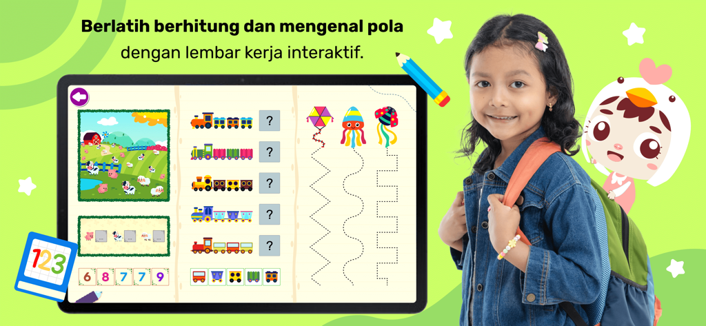 Marbel Pelajaran TK dan Paud - Una niña en edad preescolar parada junto a una tableta que muestra lecciones interactivas de conteo y reconocimiento de patrones en idioma indonesio