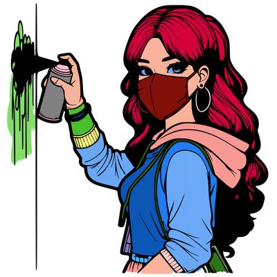 realistic girl with mask spray painting a wall