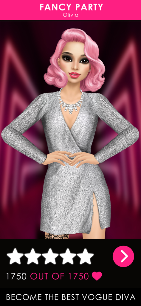 GLAMM’D - Fashion Game - A virtual model with pink hair and a silver dress winning a fashion challenge in Glammd