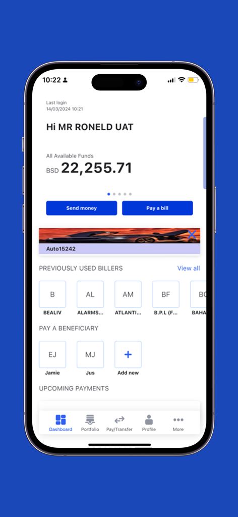 Tableau de bord de l'application bancaire mobile Commonwealth Bank Limited montrant le solde du compte et les options de paiement