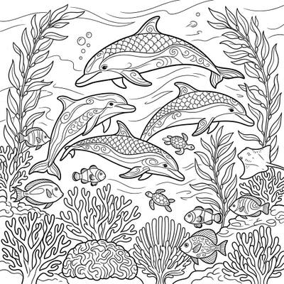 Celebrate marine life with this intricate dolphin conservation coloring page. Immerse yourself in an underwater world filled with graceful dolphins, coral, and diverse sea creatures, perfect for a relaxing creative escape.