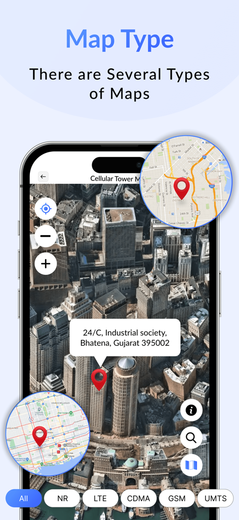 Interfaz de la aplicación Localizador de Antenas Celulares mostrando un mapa satelital 3D interactivo con varios filtros de red como 5G NR y LTE