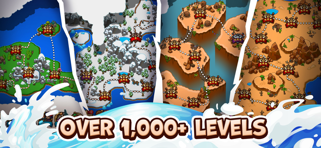 Crazy Defense Heroes: RPG TD - A collage showing different game environments including islands, snow, and desert with a text overlay saying over 1000 levels.