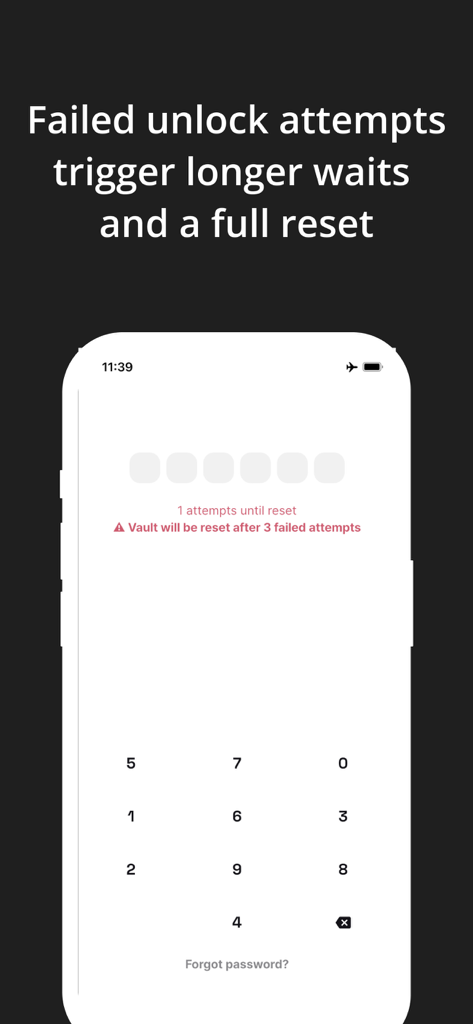 Coconut Vault: Bitcoin Signer - Coconut Vault Sicherheit-Bildschirm mit einer Warnung, dass das Vault nach mehreren fehlgeschlagenen Entsperrversuchen zurückgesetzt wird