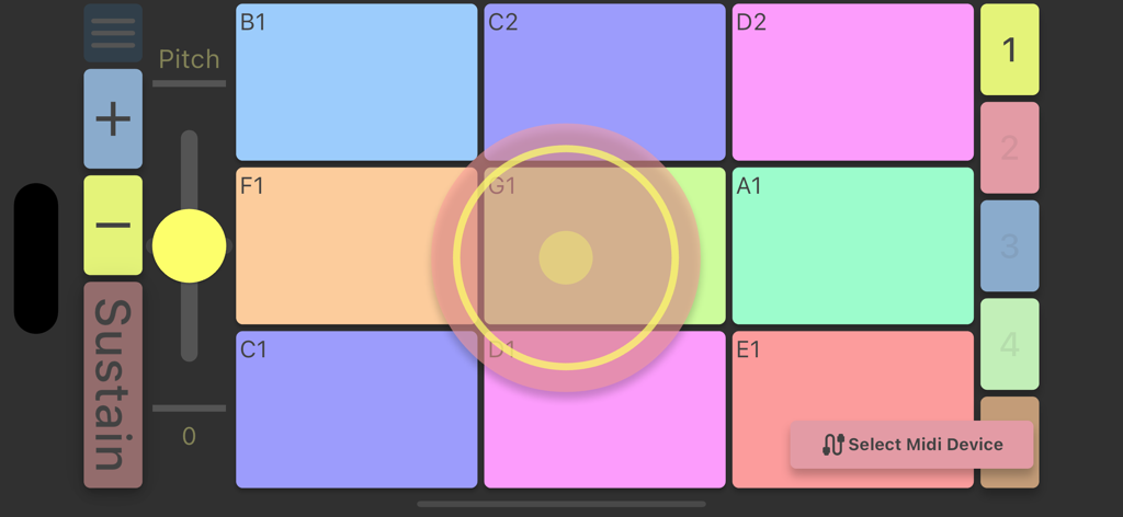 Midi Poly Grid - Midi Poly Grid app interface showing a colorful 3x3 grid of MIDI pads with a pitch slider and sustain control.