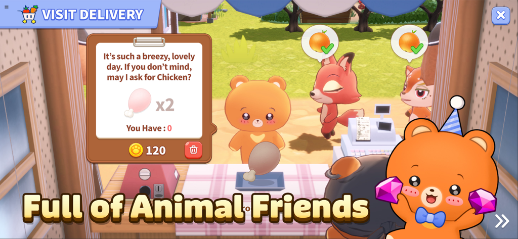 PokeFarm - Cozy farm Game - A cute bear character receiving a delivery request from animal friends in the PokeFarm game