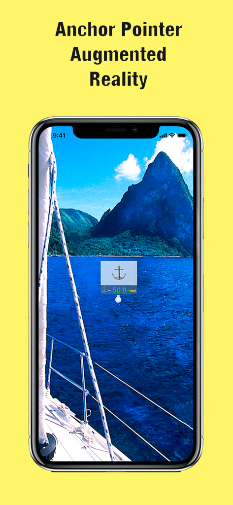 Augmented reality anchor pointer showing anchor location and distance on a sailboat