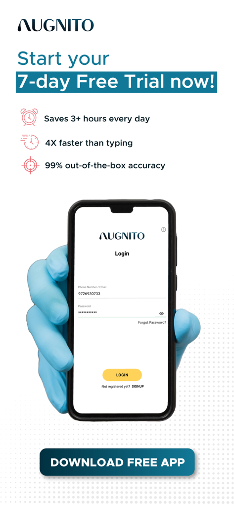 A medical professional holding a smartphone showing the Augnito app login screen with a seven day free trial offer highlighting time savings and high accuracy