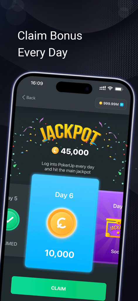PokerUp: Social Poker - Tela de resgate de bônus diário no app de poker social PokerUp mostrando recompensas em moedas por logins consecutivos.