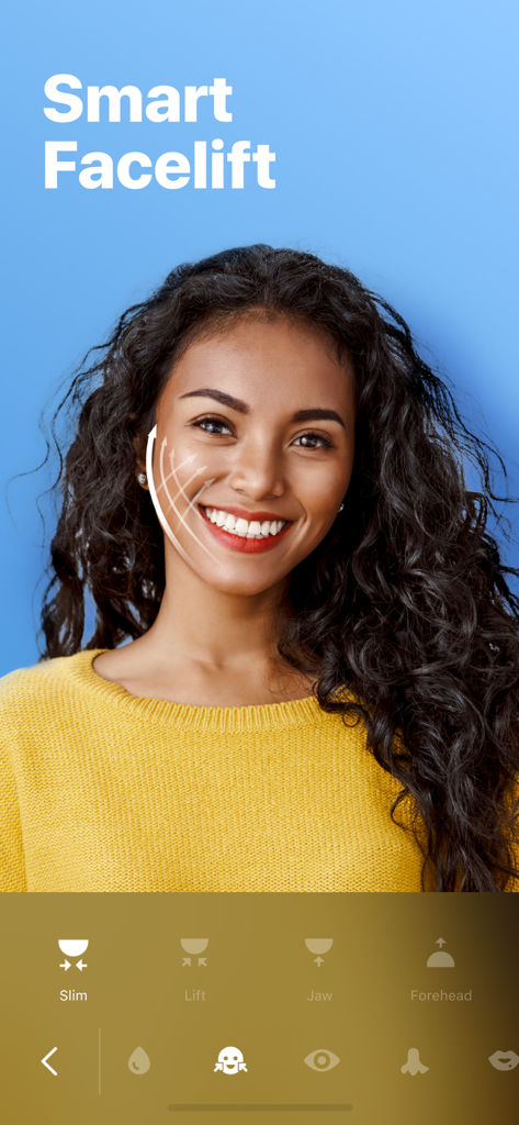 Facey: Face Editor &Makeup Cam - Facey app screenshot demonstrating the smart facelift tool for facial reshaping and slimming on a smiling woman