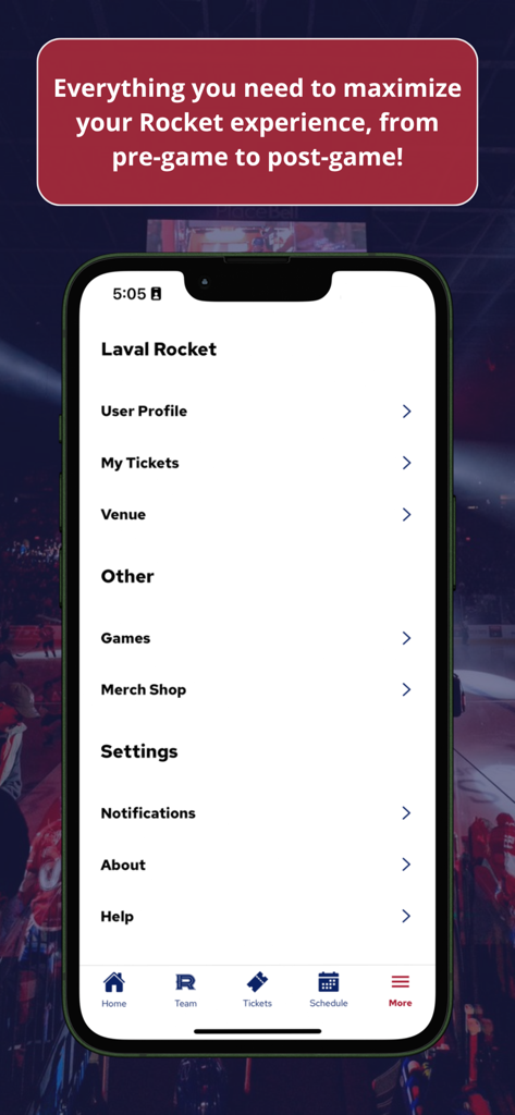 Laval Rocket - Menu screen of the Laval Rocket app showing options for user profile, tickets, and merchandise.