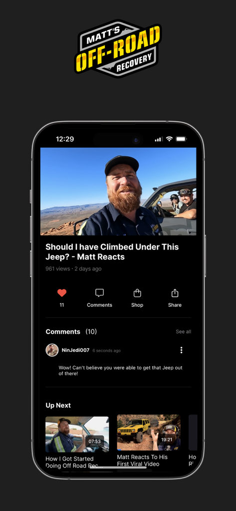Interface do player de vídeo no aplicativo Matt's Off-Road Recovery com comentários de usuários.