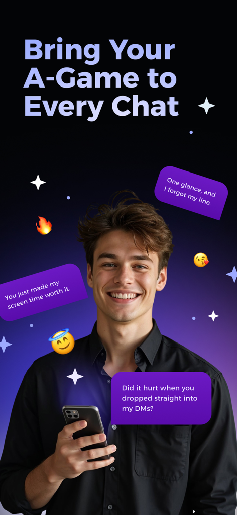 Smooth Ai - Rizz Wingman - A smiling man holding a smartphone with AI generated dating pickup lines in speech bubbles.