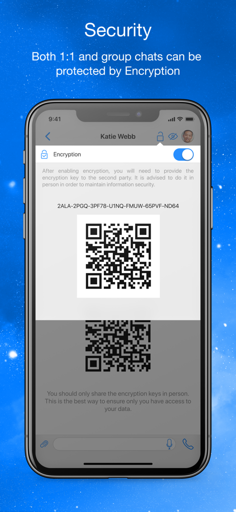 AnyTalk Messenger - AnyTalk Messenger interface showing a manual encryption key and QR code for secure chats