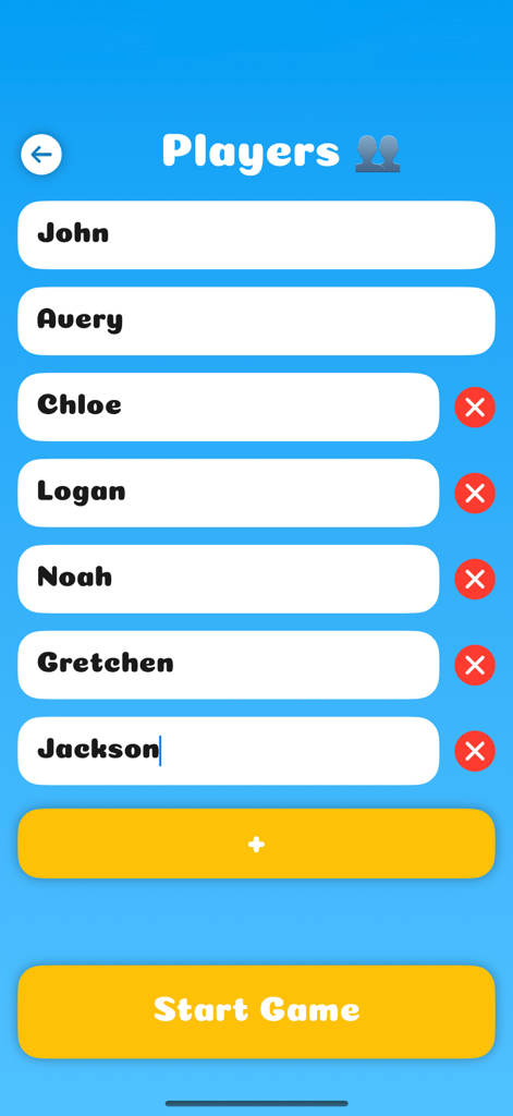 Una pantalla de la aplicación móvil para añadir nombres de jugadores como John, Avery y Chloe con un botón Iniciar Juego en la parte inferior.
