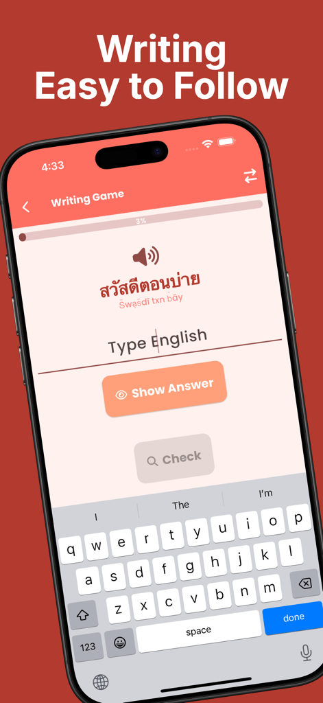 Writing game interface in the Learn Thai Beginners Offline app showing a Thai translation exercise.
