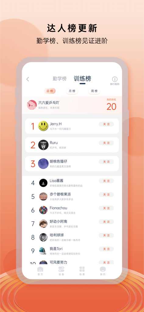 Screenshot dell'app Pongbot Table Tennis che mostra la classifica degli allenamenti con classifiche degli utenti competitivi e icone di profilo.