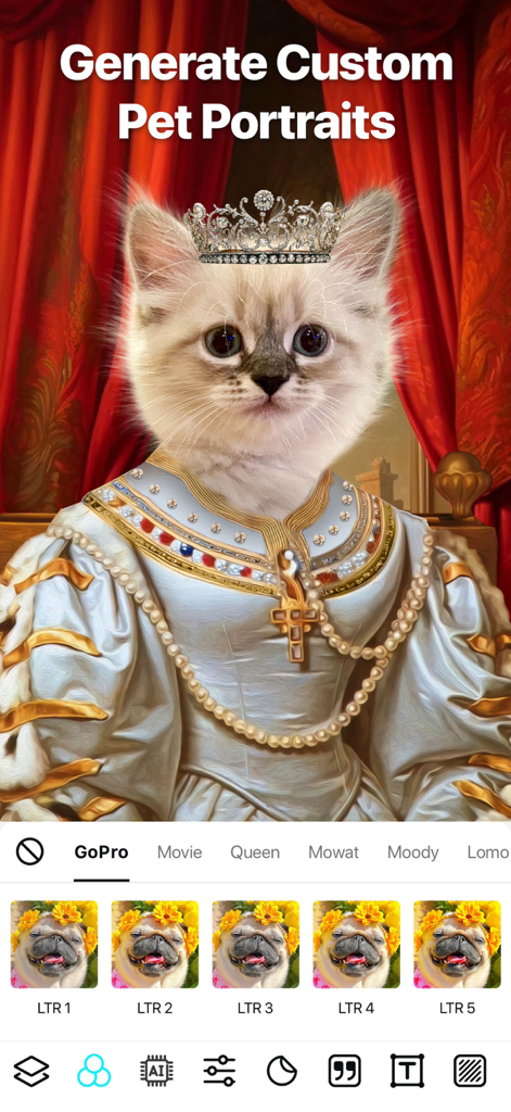 A white cat transformed into a royal queen wearing a silver crown and elegant dress using AI pet portrait filters