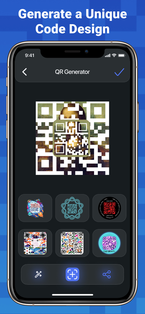 QR Scanner and Code Reader - Interfaz de una aplicación generadora de códigos QR que muestra diseños artísticos personalizados y un fondo de la Mona Lisa en la pantalla de un iPhone.
