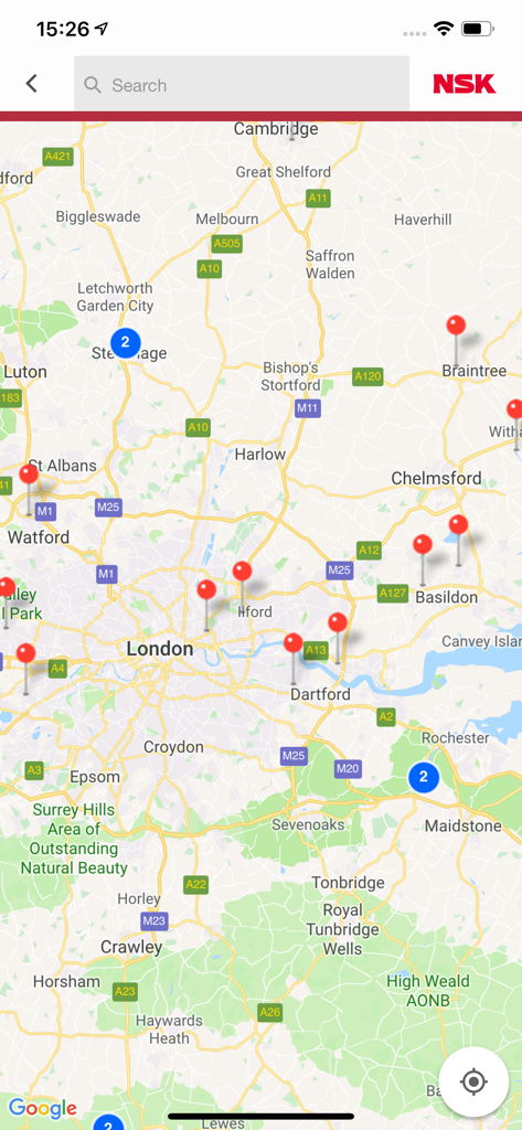 Map showing locations of NSK bearing distributors with red pins