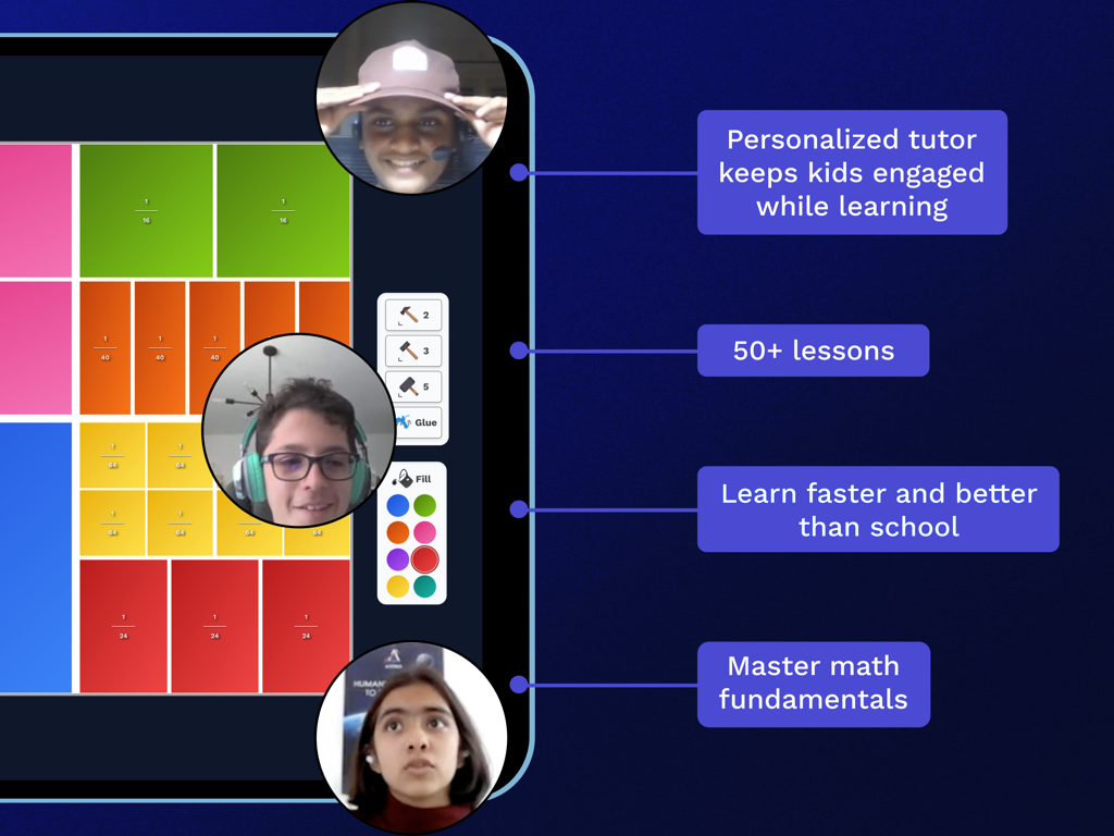 Synthesis Math Tutor - La interfaz de Synthesis Math Tutor muestra lecciones interactivas, avatares de estudiantes y aspectos destacados de las funciones de tutoría de IA personalizadas.