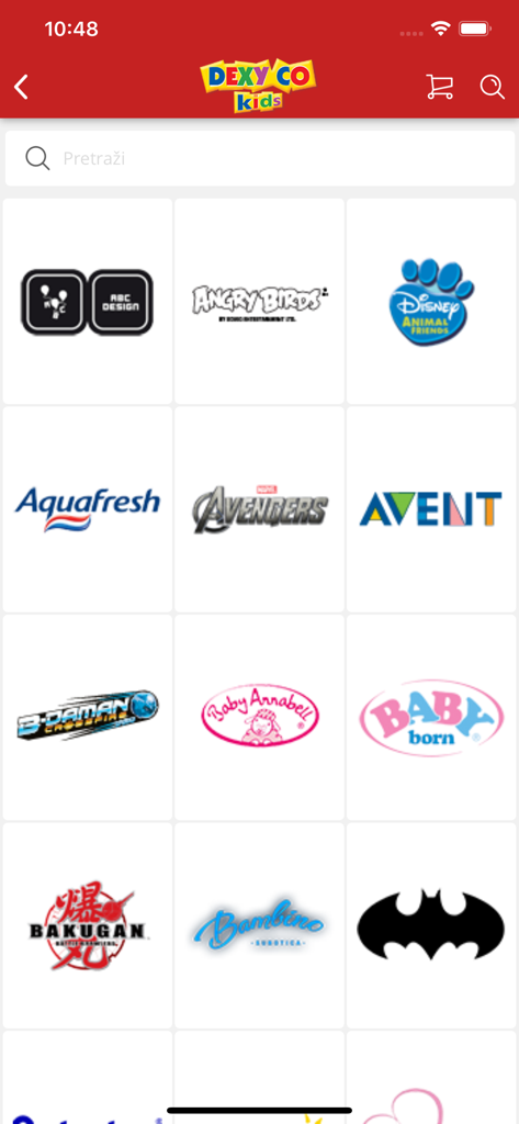 Dexy Co - A grid of various toy and baby product brand logos including Disney, Avengers, and Avent in the Dexy Co Kids mobile app.