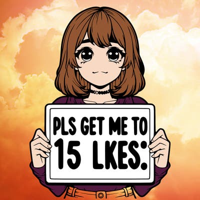 realistic girl holding up a sign that says “pls get me to 15 likes!”