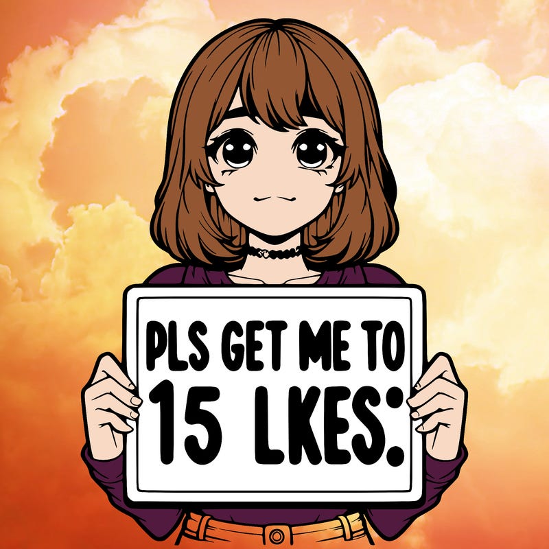 realistic girl holding up a sign that says “pls get me to 15 likes!”