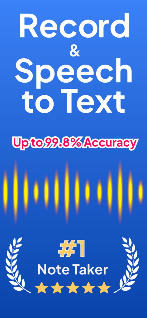 Tela promocional para Transcribe AI destacando a gravação de voz para texto com 99,8% de precisão e classificação de melhor anotador.