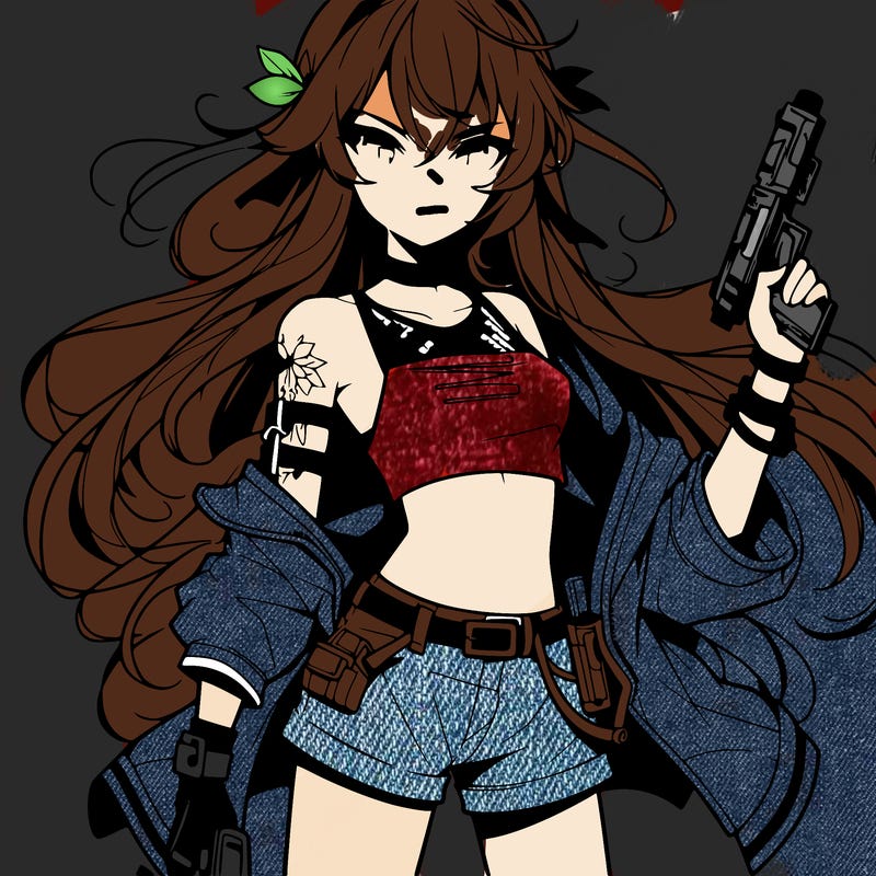 bad girl wearing crop top holding a gun long hair anime