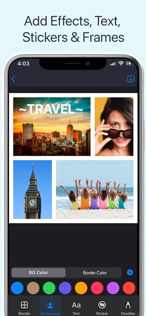 テキストと背景色のカスタマイズオプションが表示された、旅行コラージュを作成中のフォトコラージュメーカーのモバイルアプリインターフェース