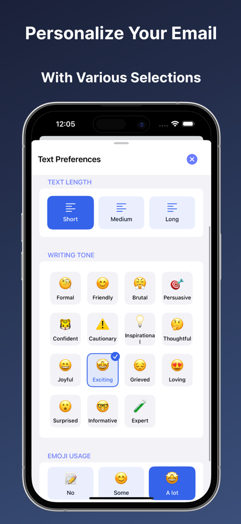 Fremail - AI Email Generator - Interface showing email personalization options for text length writing tone and emoji usage