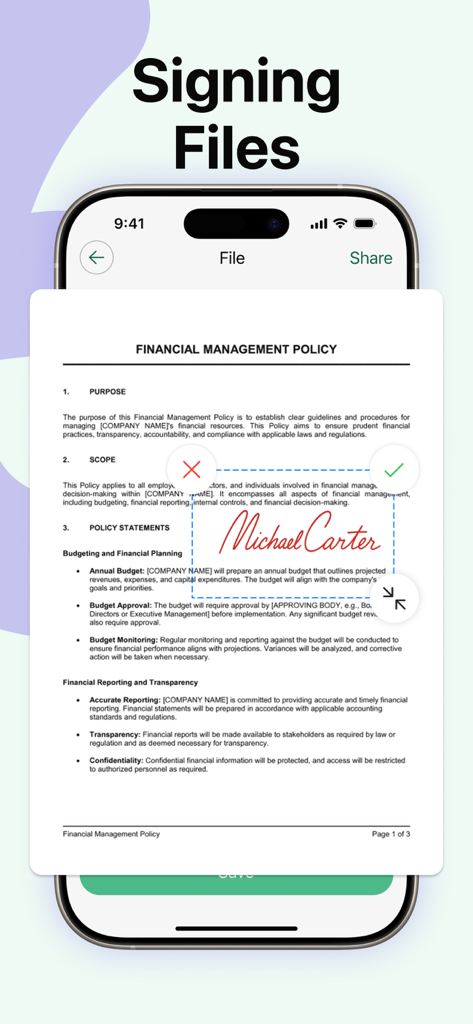 eSign: Fill & Sign Docs - A smartphone displaying a digital signature being added to a financial document