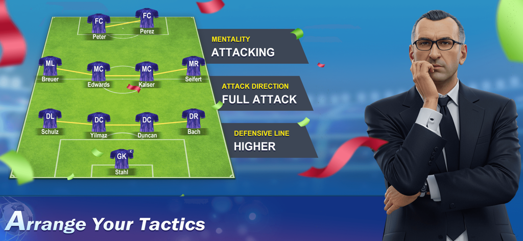 Top Football Manager 2026 tactical interface showing team formation and strategy settings like attacking mentality and high defensive line