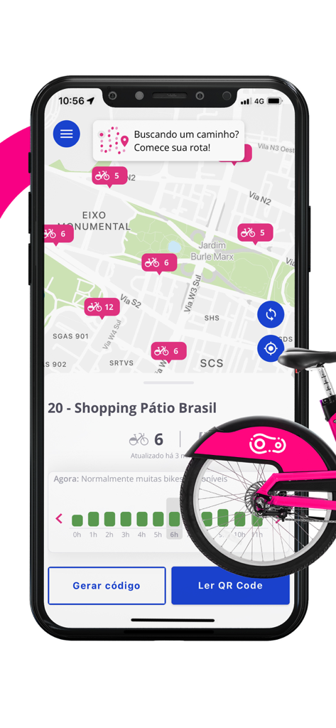 Tela móvel do aplicativo Tembici exibindo um mapa da cidade com estações de aluguel de bicicletas e disponibilidade em tempo real.