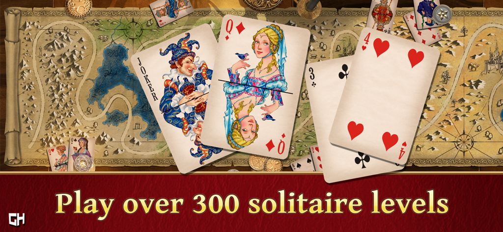 Jewel Match Solitaire - Cartas de solitario mostradas sobre un mapa de fantasía medieval con el texto 'juega más de 300 niveles de solitario'
