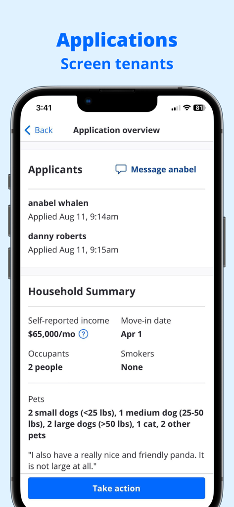 Zillow Rental Manager - Pantalla de la aplicación Zillow Rental Manager mostrando un resumen de la solicitud de un inquilino, incluyendo ingresos mensuales, fecha de mudanza y detalles de mascotas del hogar.