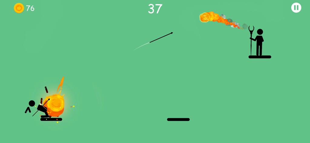 A stickman warrior throwing a spear at a magician enemy casting fireballs