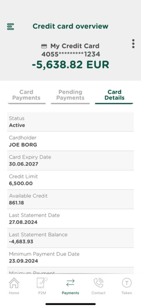 Credit card details and balance view in myAPS banking app
