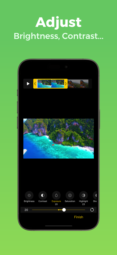 Any GIF Maker - Video to GIF - Mobile app interface showing manual brightness contrast and exposure adjustments for video editing