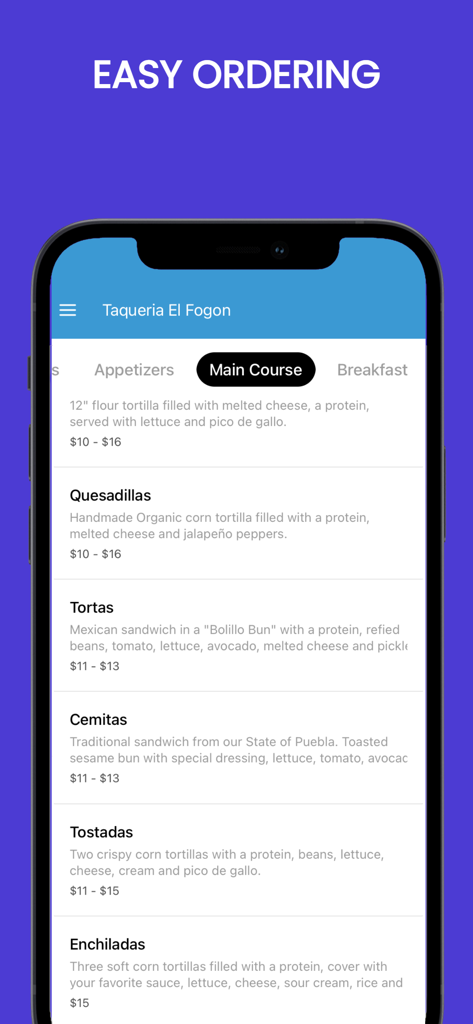 Taqueria El Fogon Online - Taqueria El Fogon mobile app menu showing main course items like quesadillas and tortas