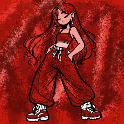 girl in baggy pants crop top and long hair