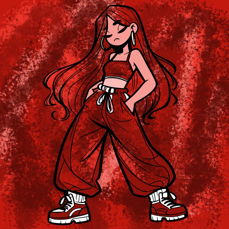 girl in baggy pants crop top and long hair